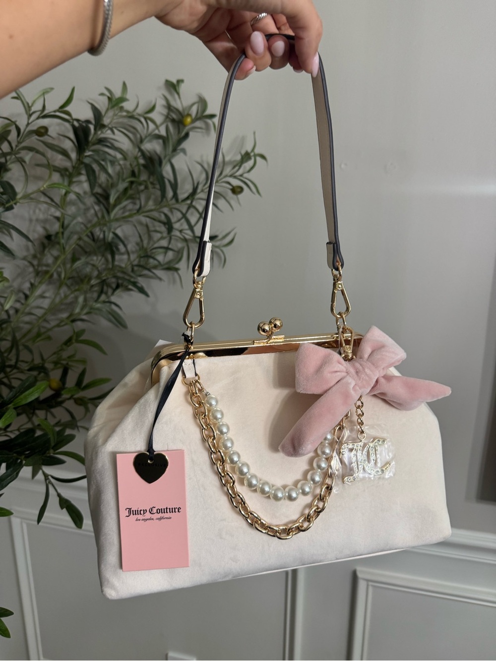 Juicy Couture Pink Velvet clutch with Pearl & Chain Detail